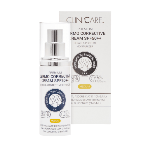 CLINICARE KOREGUOJAMASIS KREMAS SPF50++ SU SPALVA (MEDIUM), 100ml - Meilė odai