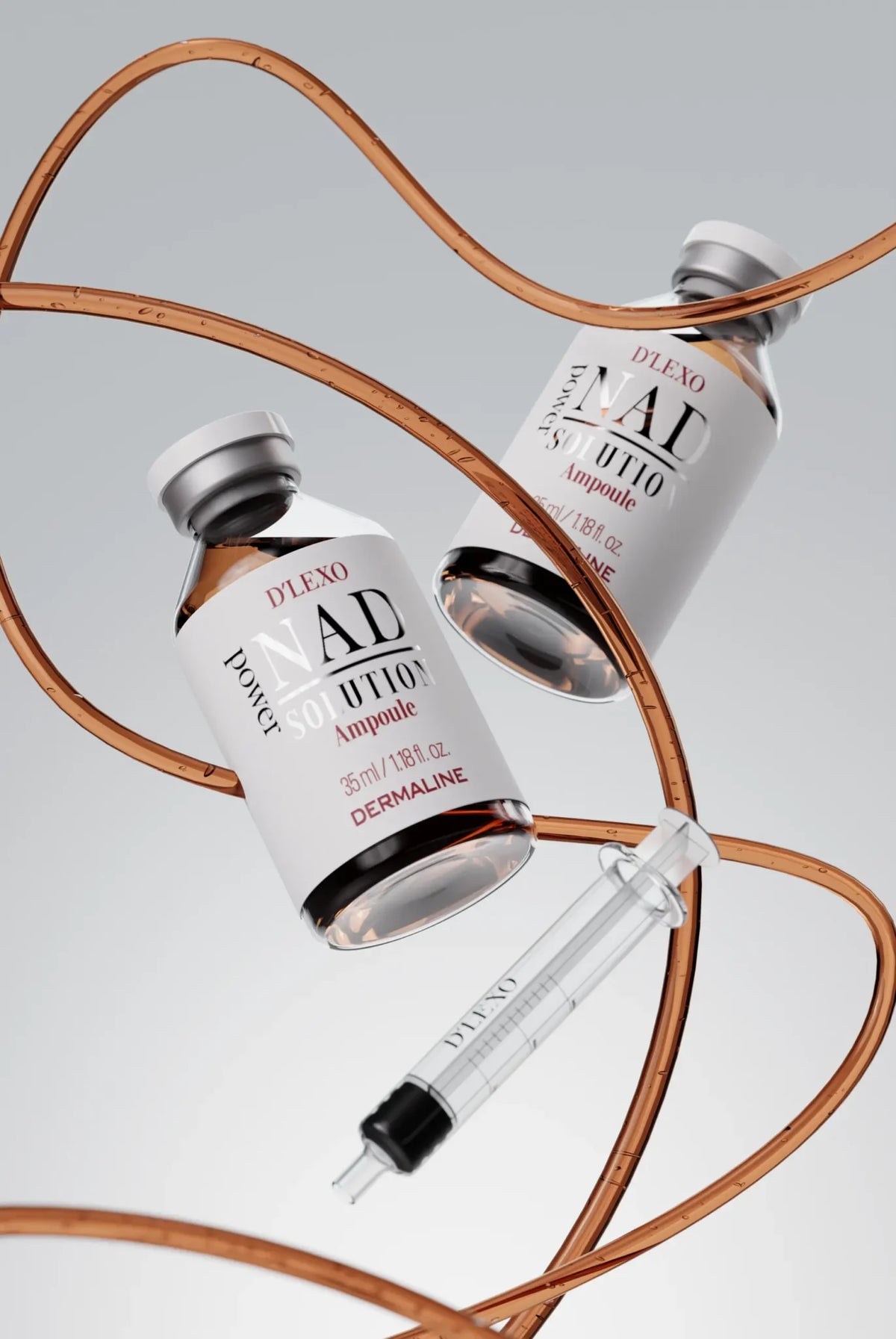 Dermaline D’Lexo NAD Power Solution ampulės buteliukai ir švirkštas