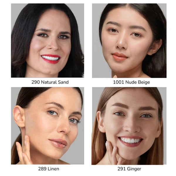 Emani Flawless Matte makiažo pagrindo atspalviai: 290 Natural Sand, 1001 Nude Beige, 289 Linen, 291 Ginger