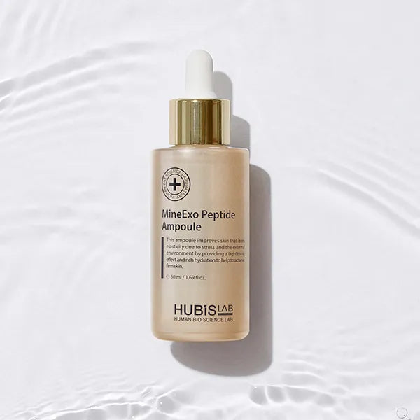Hubislab MineExo Peptide Ampoule buteliukas ant vandens fono