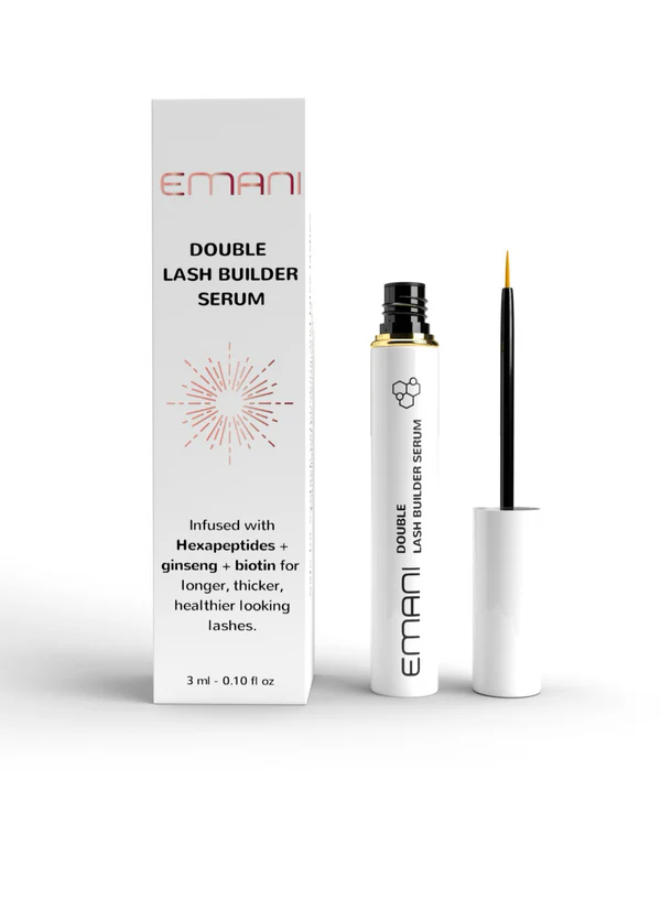 Emani Double Lash Builder blakstienų serumas ir pakuotė