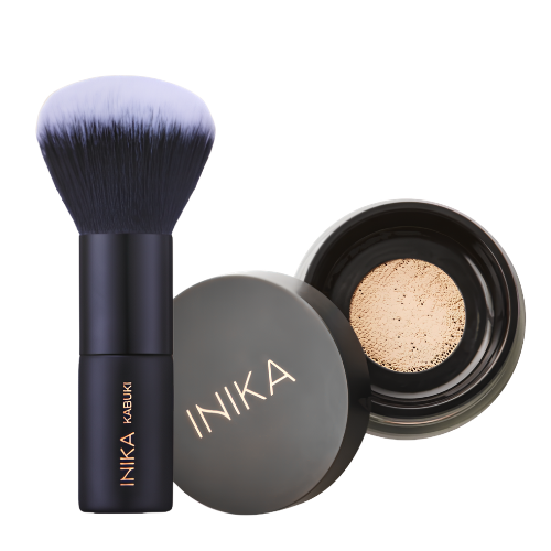 INIKA Organic biri mineralinė pudra SPF 25 (Nurture) ir Kabuki šepetėlis