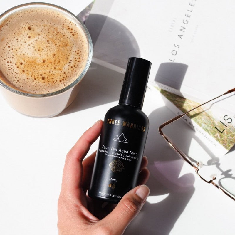 Three Warriors „Face Tan Aqua Mist” savaiminio įdegio veido tonikas – Meilė odai